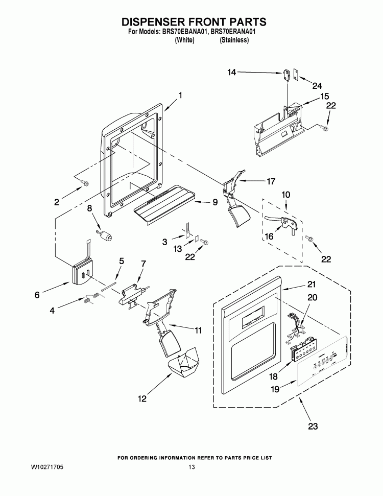 DISPENSER FRONT PARTS Diagram and Parts List for BRS70EBANA01  Whirlpool Refrigerator