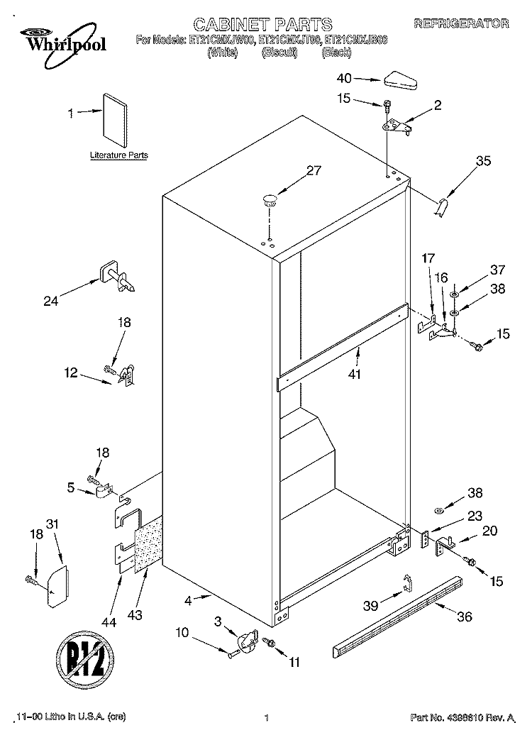 CABINET, LITERATURE Diagram and Parts List for ET21CMXJB00  Whirlpool Refrigerator