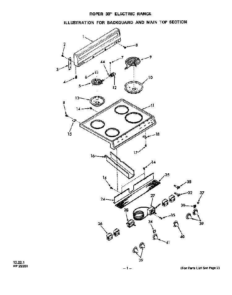 Backguard And Main Top Diagram and Parts List for 2413*0A  Roper Range