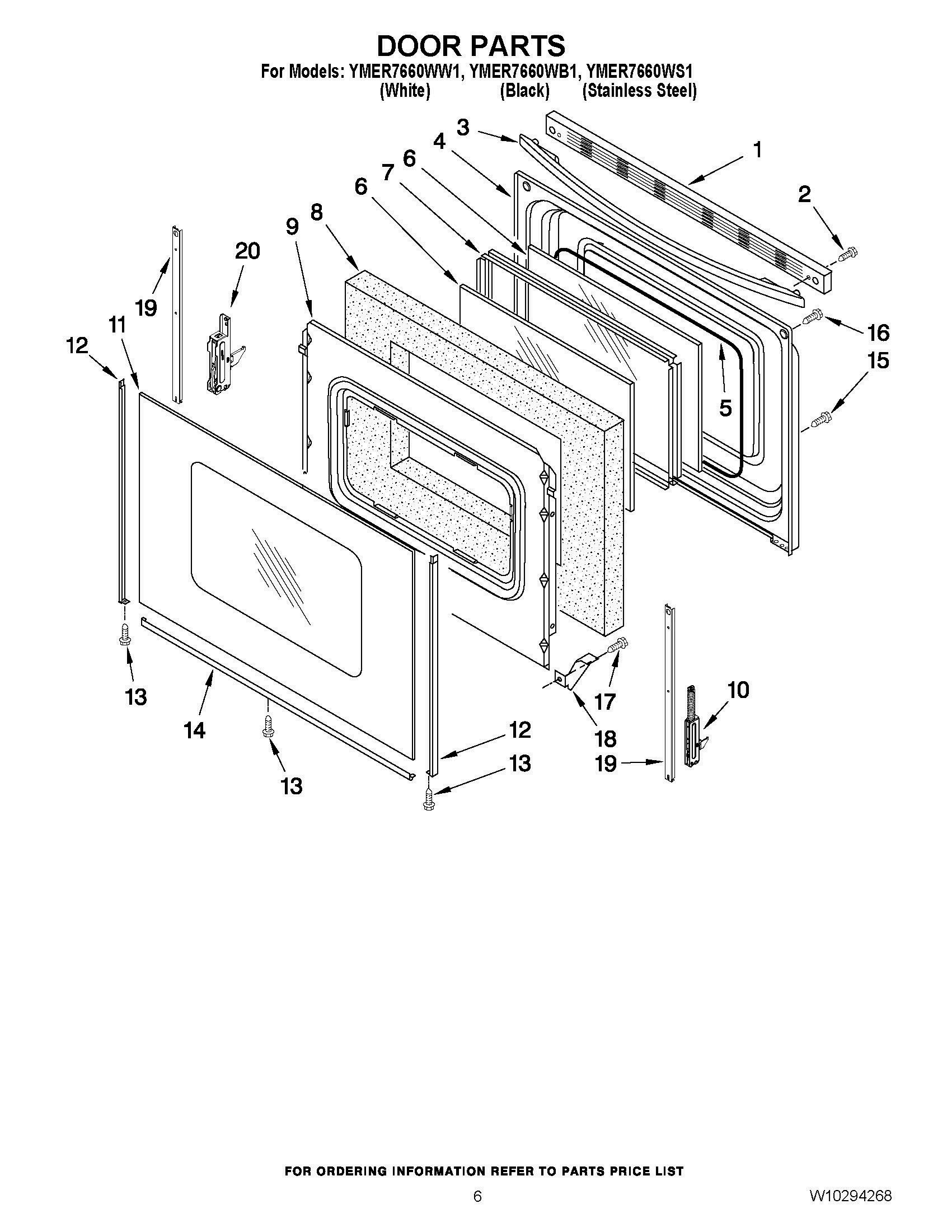05 - DOOR PARTS Diagram and Parts List for YMER7660WB1  Whirlpool Range