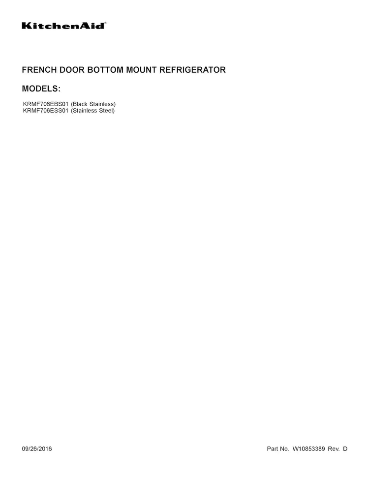 Cover Sheet Diagram and Parts List for KRMF706ESS01  KitchenAid Refrigerator