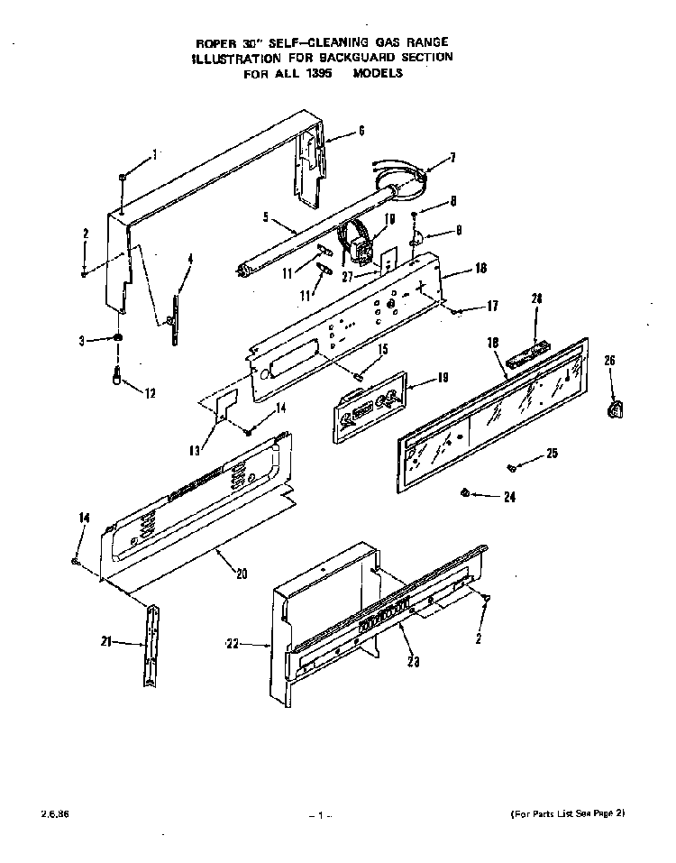 Backguard Diagram and Parts List for 1395*1A  Roper Range