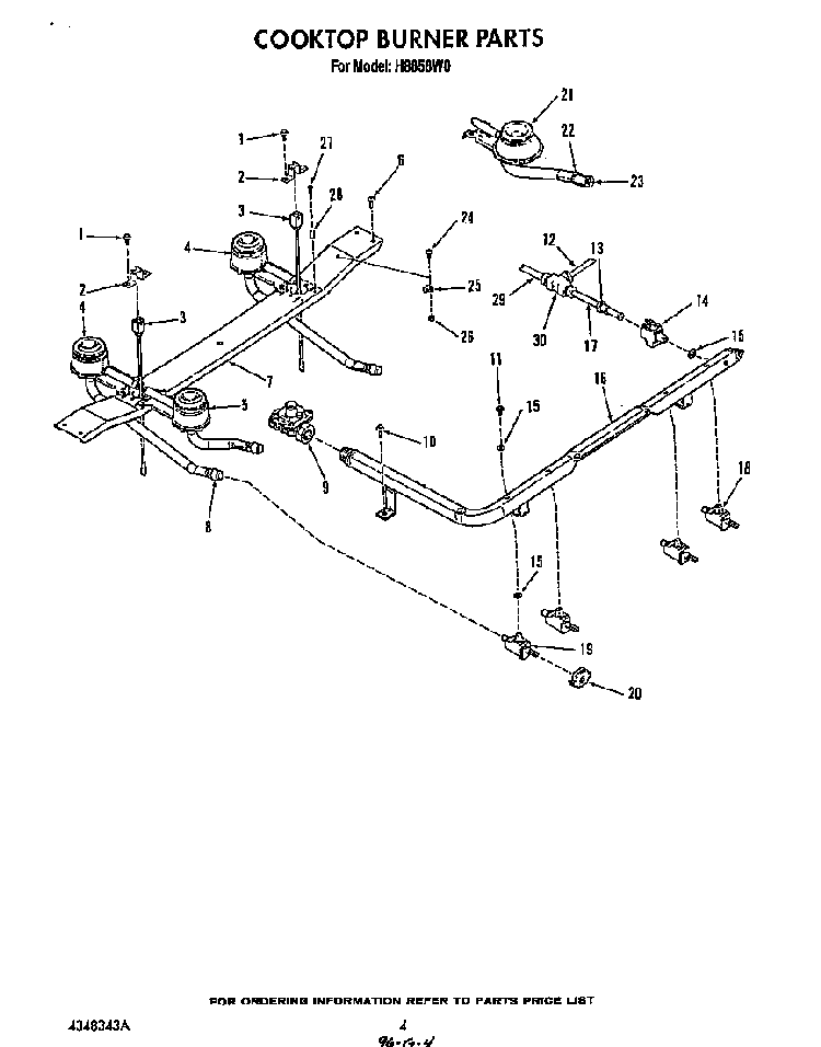 Cook Top Burner Diagram and Parts List for H8858*0  Roper Range