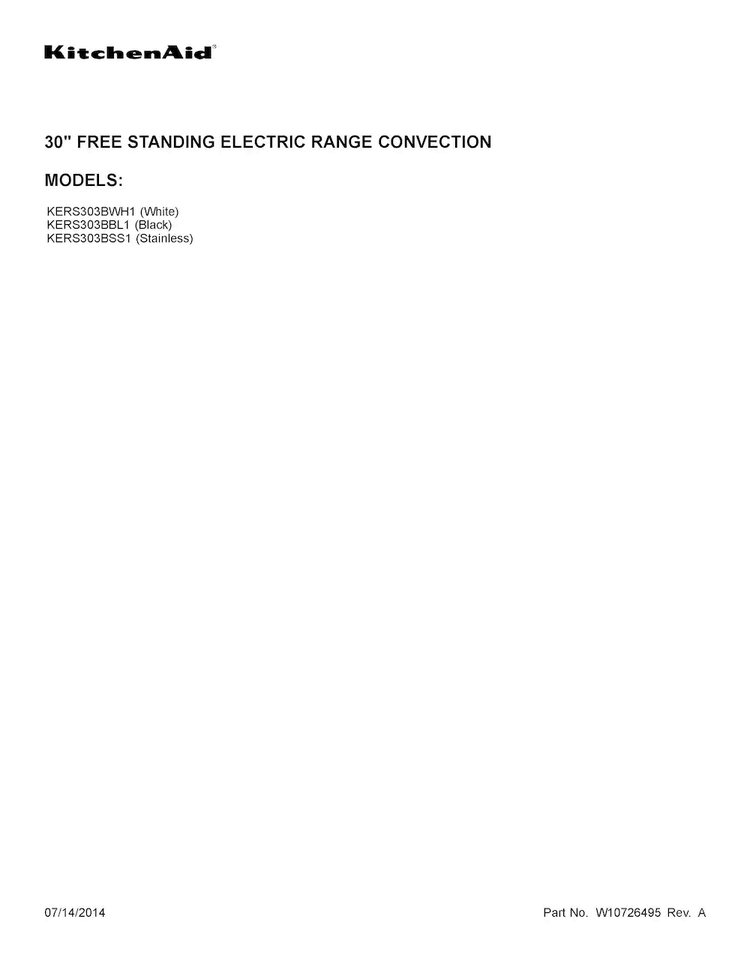 Cover Sheet Diagram and Parts List for KERS303BWH1  KitchenAid Range