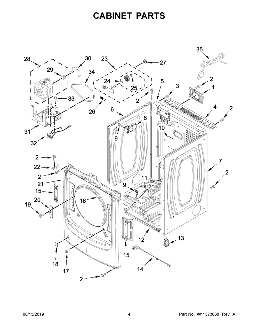 Cabinet Parts Diagram and Parts List for 7MWGD5622HW1  Whirlpool Dryer