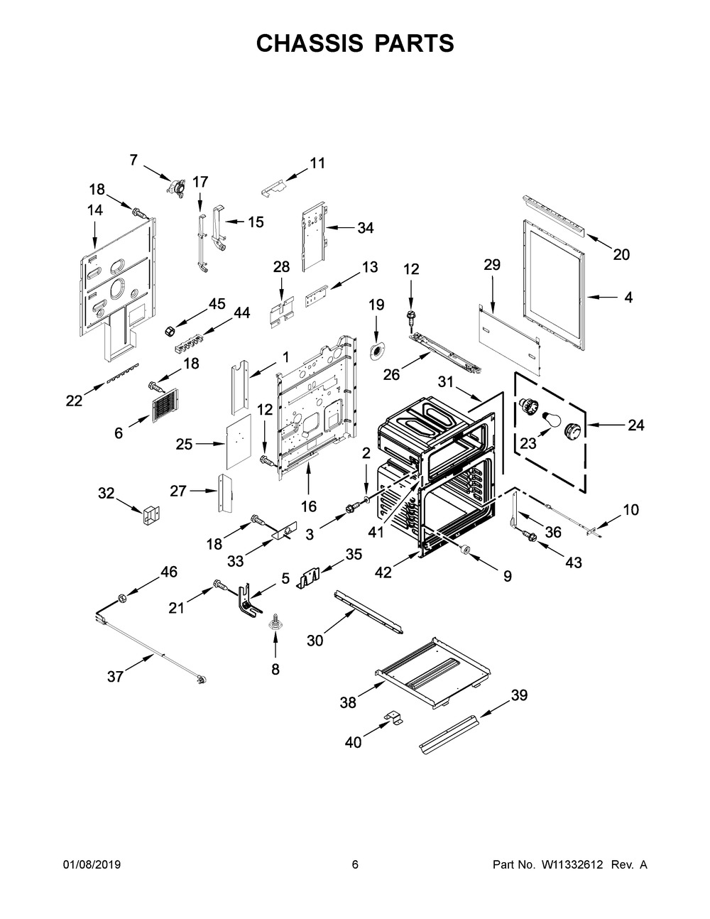 Chassis Parts Diagram and Parts List for YKFED500ESS3  Whirlpool Range