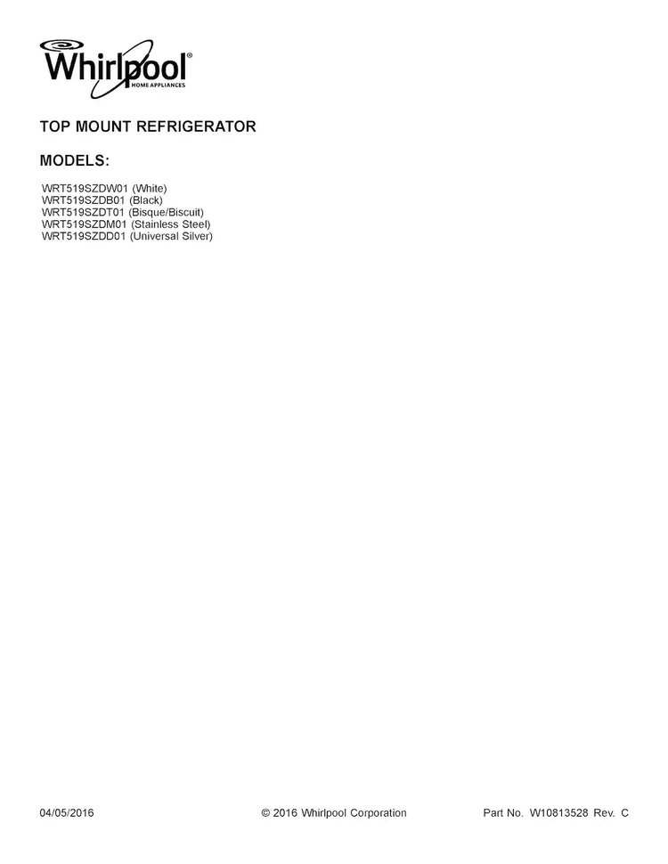 Cover Sheet Diagram and Parts List for WRT519SZDM01  Whirlpool Refrigerator