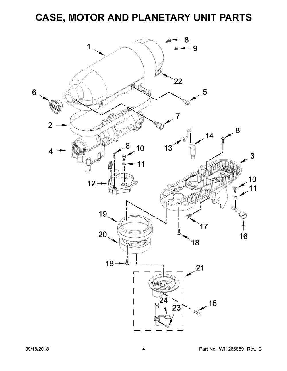 Case, Motor And Planetary Unit Parts Diagram and Parts List for KSM3306QCA0  Whirlpool Mixer