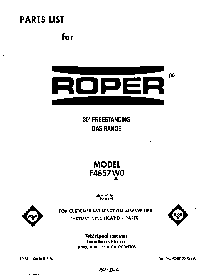 Front Cover Diagram and Parts List for F4857*0  Roper Range