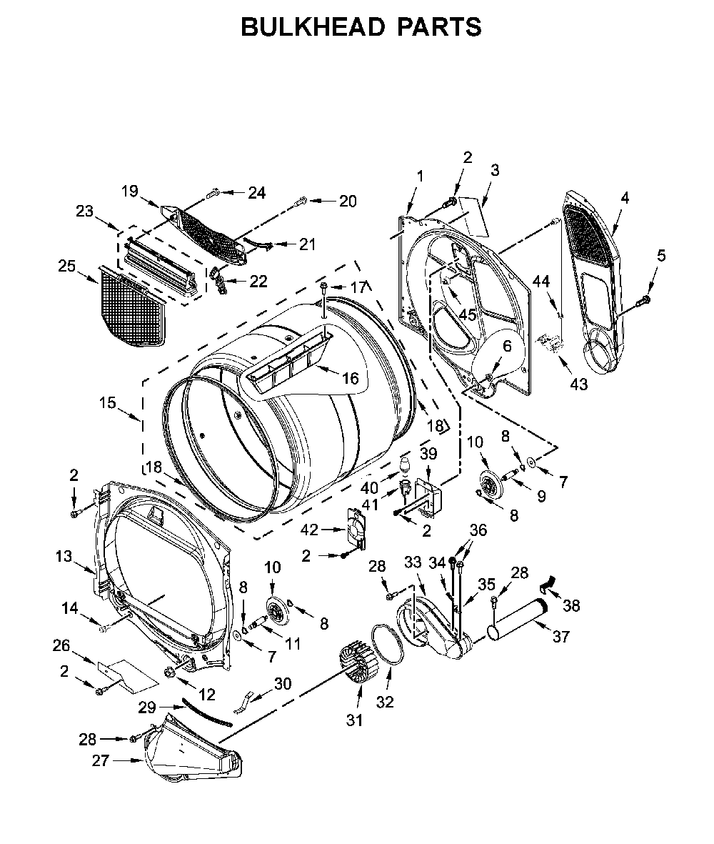 Bulkhead parts Diagram and Parts List for WED7120HC1  Whirlpool Dryer