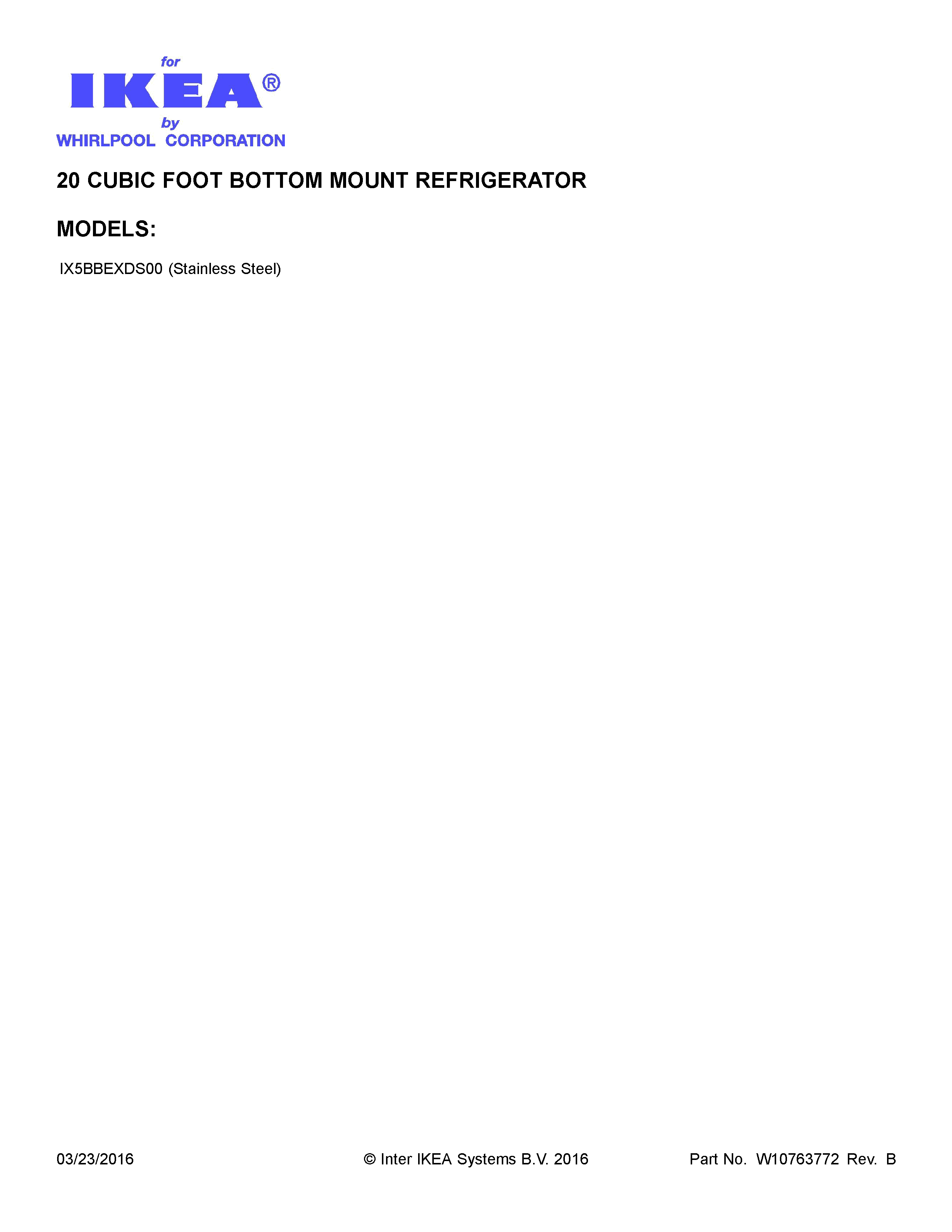 Cover Sheet Diagram and Parts List for IX5BBEXDS00  Whirlpool Refrigerator