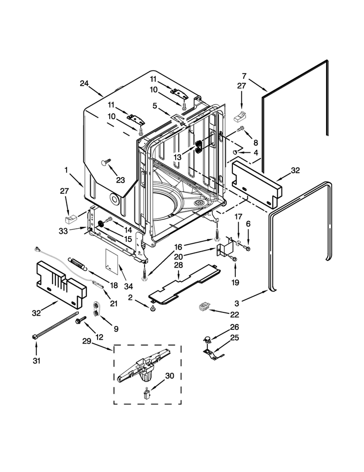 Tub And Frame Parts Diagram and Parts List for KUDS30FXPAA  KitchenAid Dishwasher