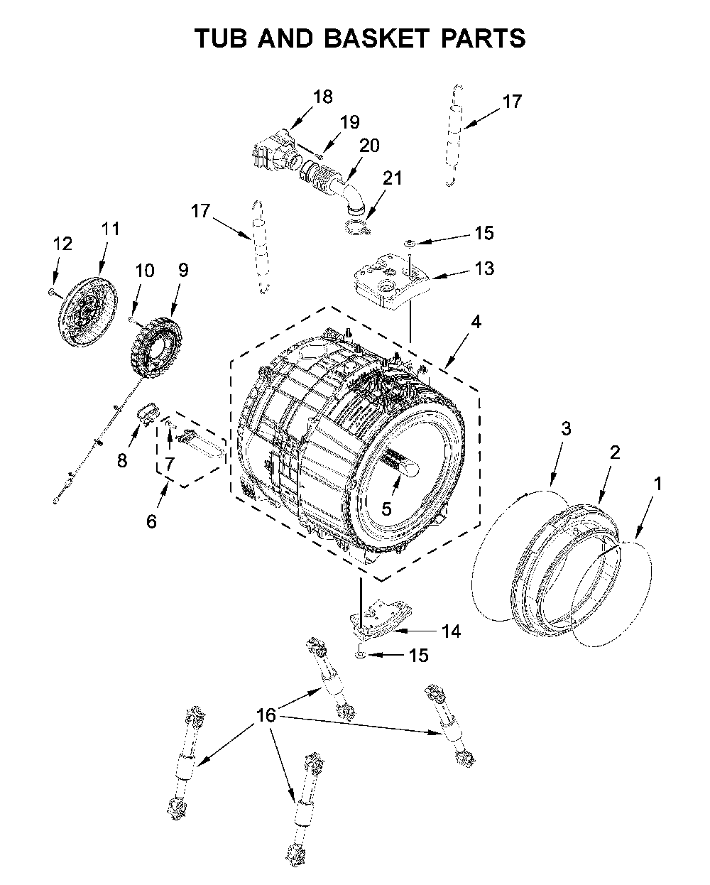 Tub and basket parts Diagram and Parts List for 7MWFW6622HW2  Whirlpool Washer