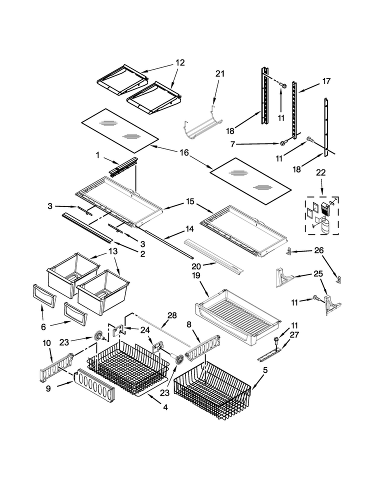 Shelf Parts Diagram and Parts List for KRBX102EWH00  KitchenAid Refrigerator