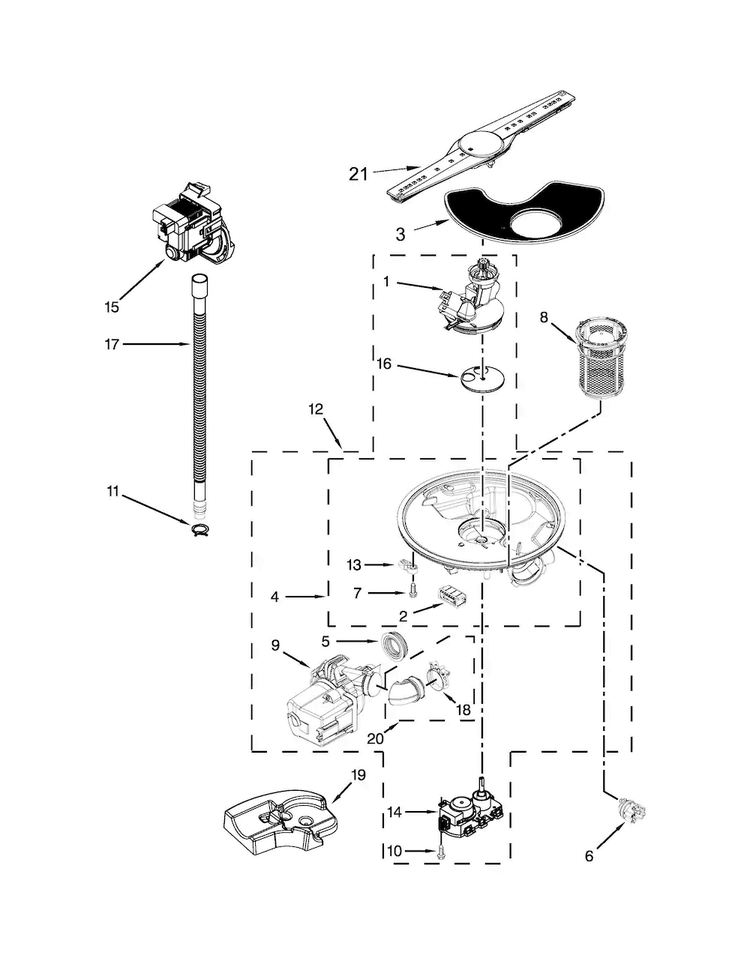 Pump, Washarm And Motor Parts Diagram and Parts List for WDT920SADH2  Whirlpool Dishwasher