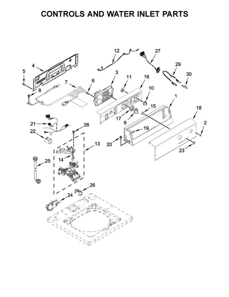 Controls And Water Inlet Parts Diagram and Parts List for XCAE2765FQ0  Whirlpool Washer
