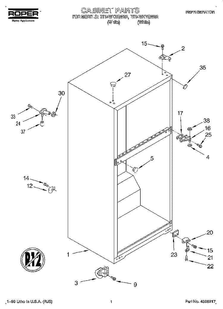 CABINET Diagram and Parts List for RT14WKYGW02  Roper Refrigerator