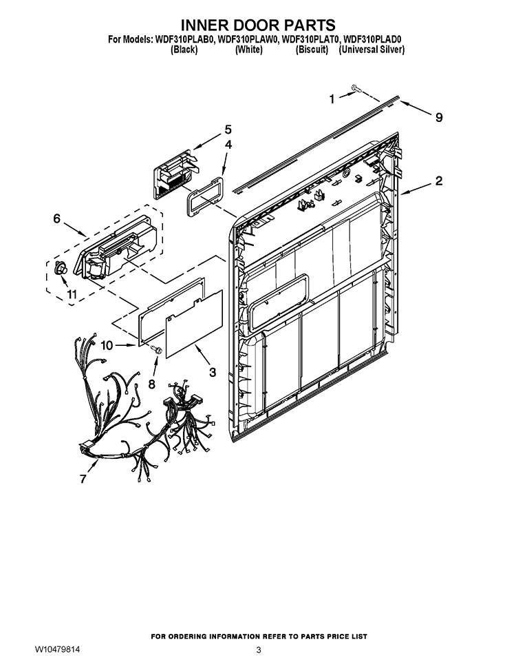 INNER DOOR PARTS Diagram and Parts List for WDF310PLAD0  Whirlpool Dishwasher