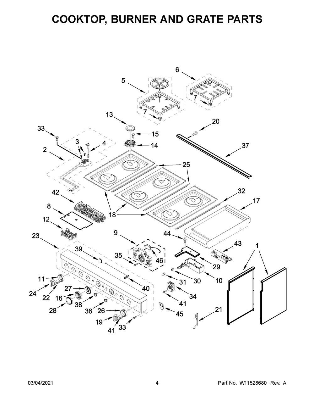 Cooktop, Burner And Grate Parts Diagram and Parts List for KFDC558JIB01  Whirlpool Range
