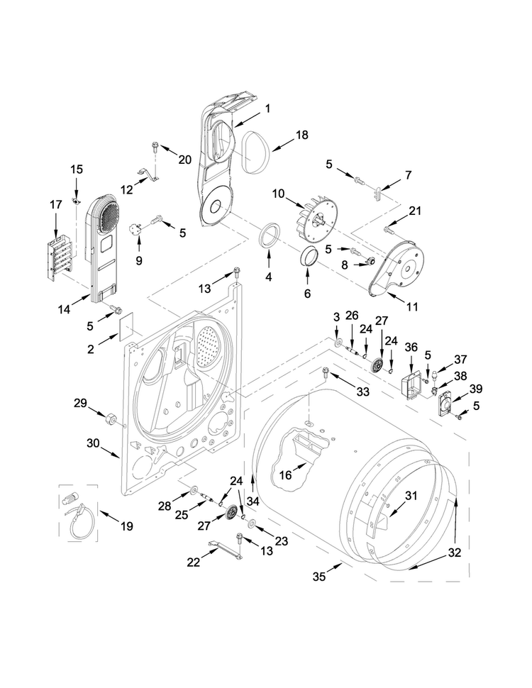 Bulkhead Parts Diagram and Parts List for WED4810EW1  Whirlpool Dryer