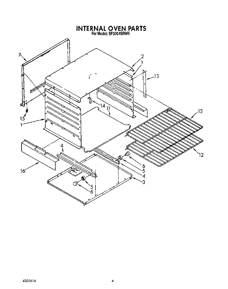 INTERNAL OVEN Diagram and Parts List for SF3004SRW6  Whirlpool Range