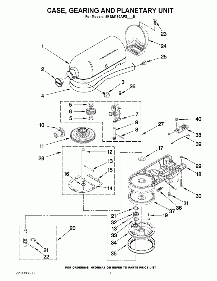 CASE, GEARING AND PLANETARY UNIT Diagram and Parts List for 5KSM160APSWCA0  KitchenAid Mixer