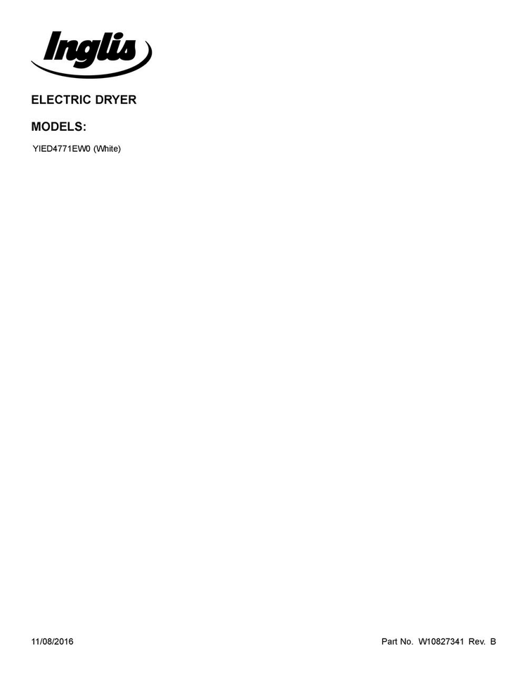 Cover Sheet Diagram and Parts List for YIED4771EW0  Inglis Dryer