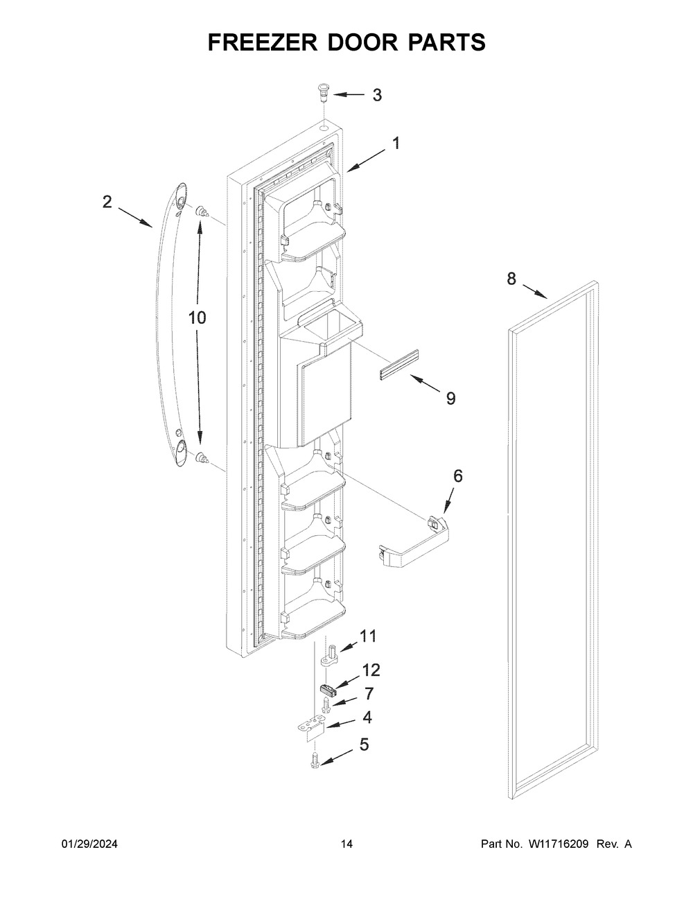 Freezer Door Parts Diagram and Parts List for WRS335SDHB07  Whirlpool Refrigerator