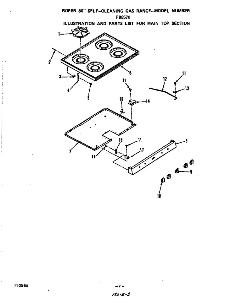 Main Top Diagram and Parts List for F8557*0  Roper Range