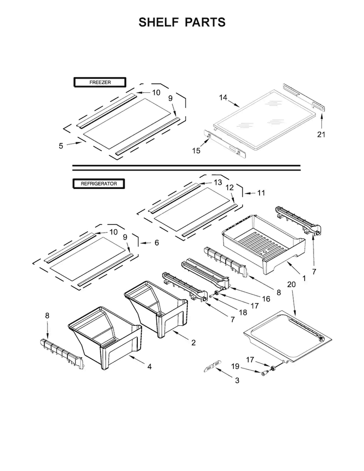 Shelf Parts Diagram and Parts List for WRT511SZDB00  Whirlpool Refrigerator
