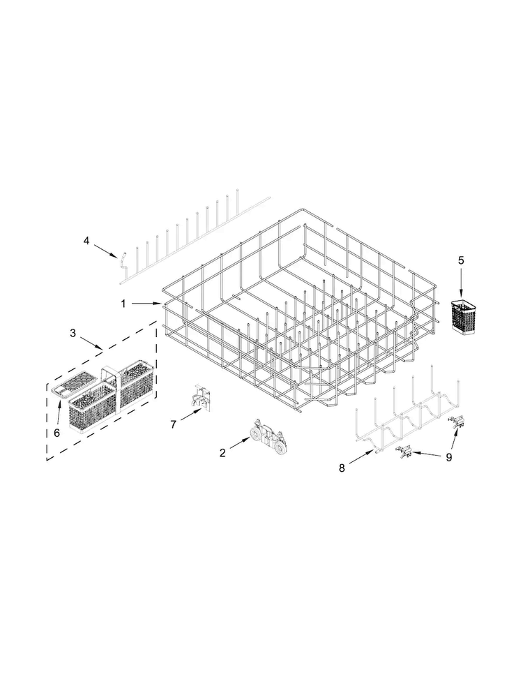 Lower Rack Parts Diagram and Parts List for KDTE334DSS1  KitchenAid Dishwasher