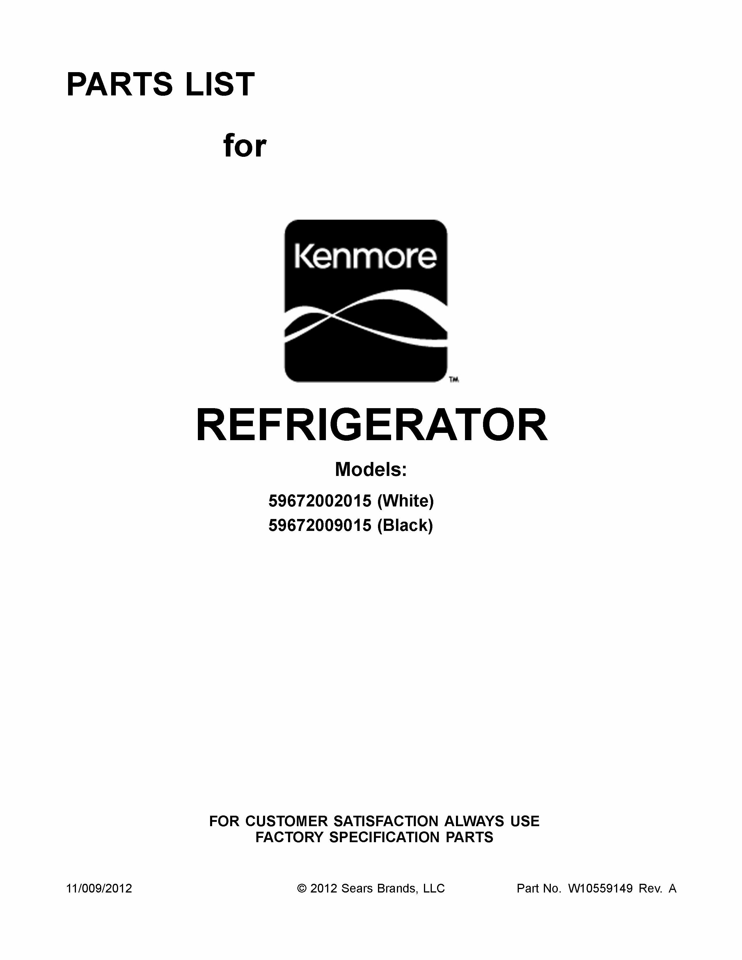 Cover Sheet Diagram and Parts List for 59672009015  Kenmore Refrigerator