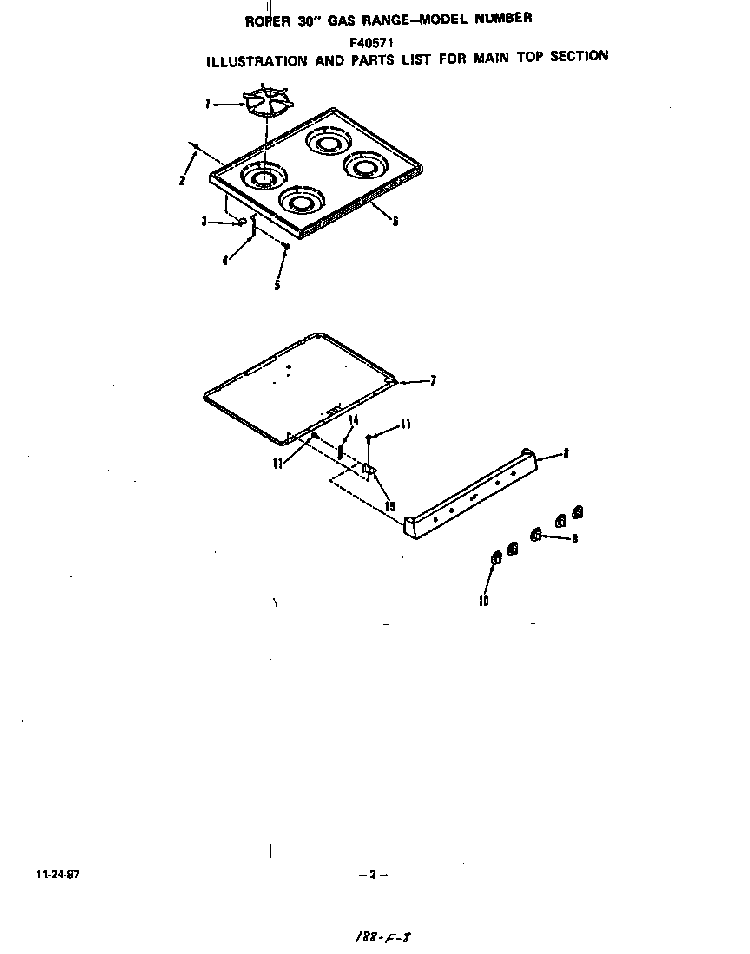 Main Top Diagram and Parts List for F4057*1  Roper Range