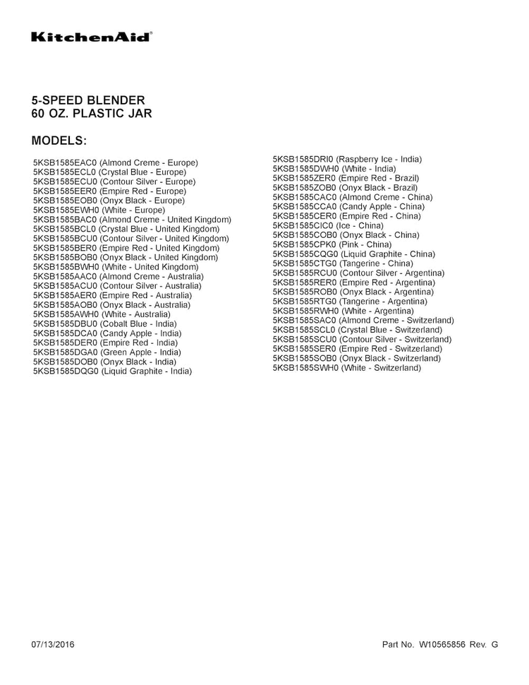 Cover Sheet Diagram and Parts List for 5KSB1585COB0  KitchenAid Blender