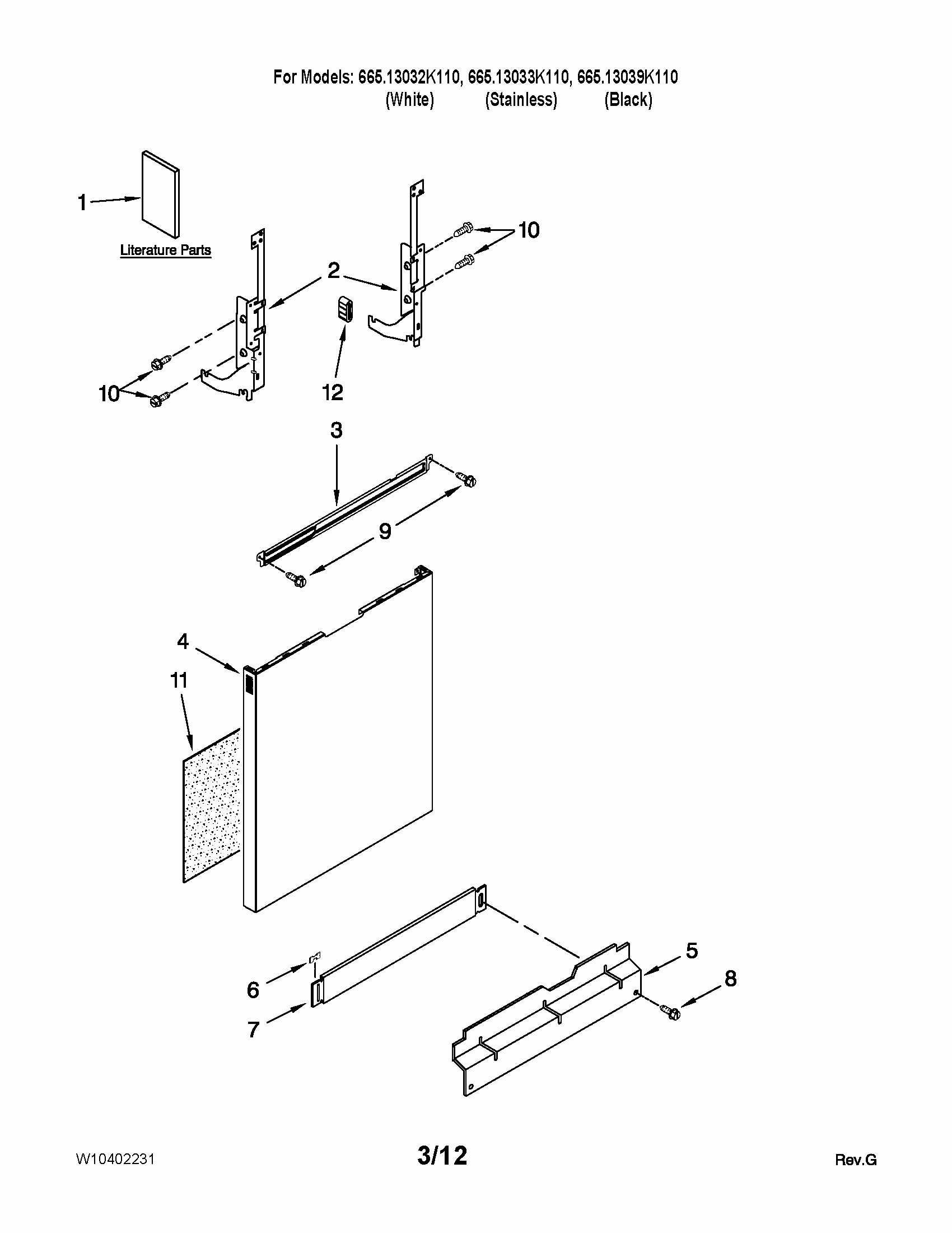 Door And Panel Parts Diagram and Parts List for 66513033K110  Kenmore Dishwasher