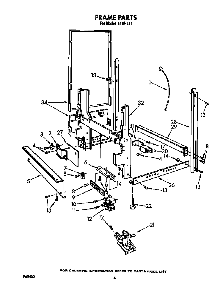 Frame Diagram and Parts List for 8519L11  Roper Dishwasher