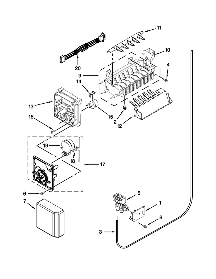Icemaker Parts Diagram and Parts List for WRS321CDBM00  Whirlpool Refrigerator