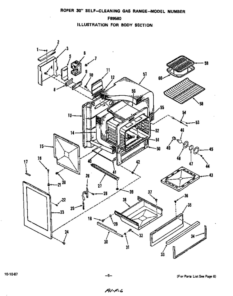 Body Diagram and Parts List for F8958*0  Roper Range