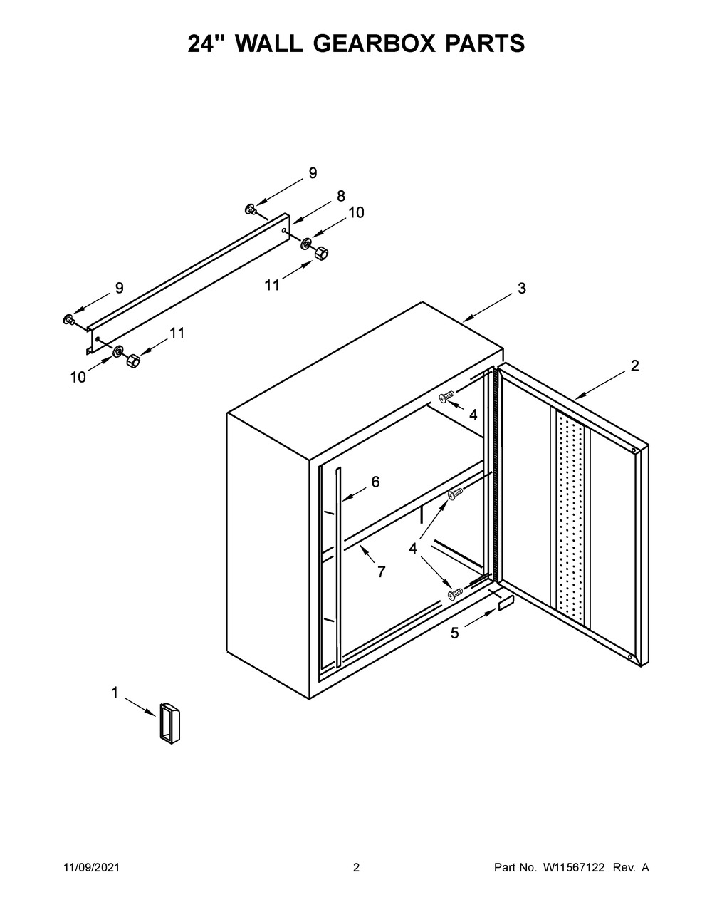 24-Inch Wall Gearbox Parts Diagram and Parts List for GAWG241DRG01  Whirlpool Cabinet