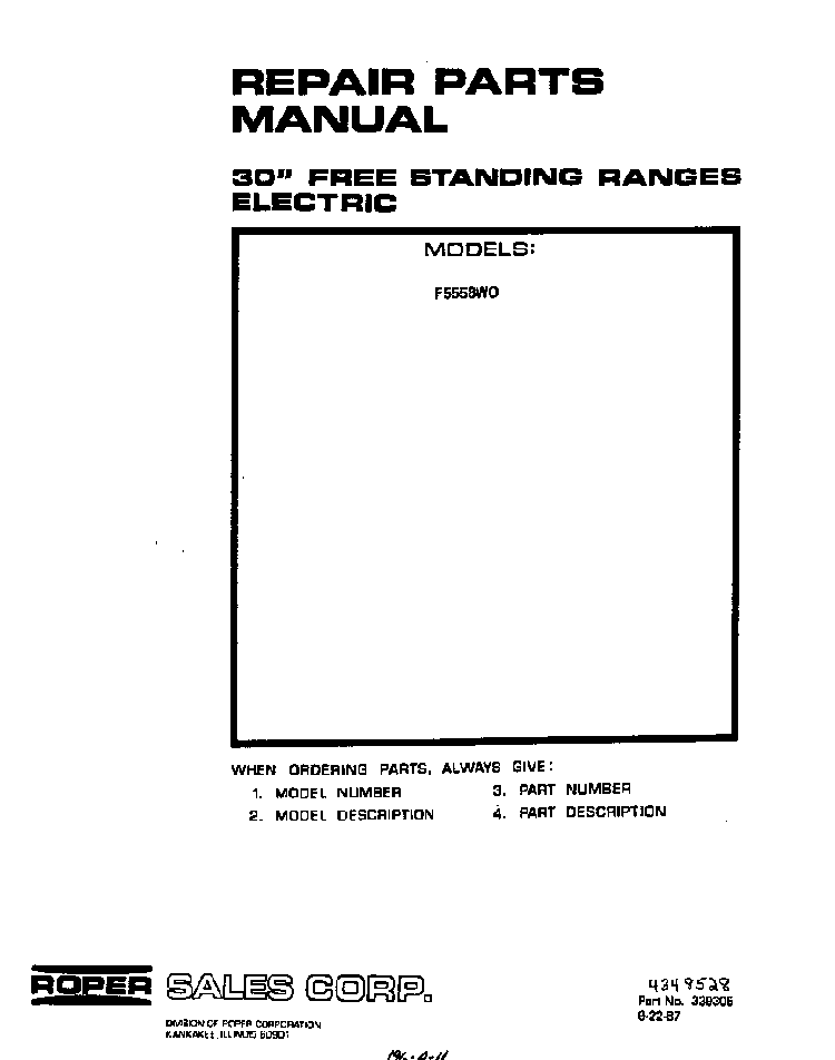 Front Cover Diagram and Parts List for F5558*0  Roper Range