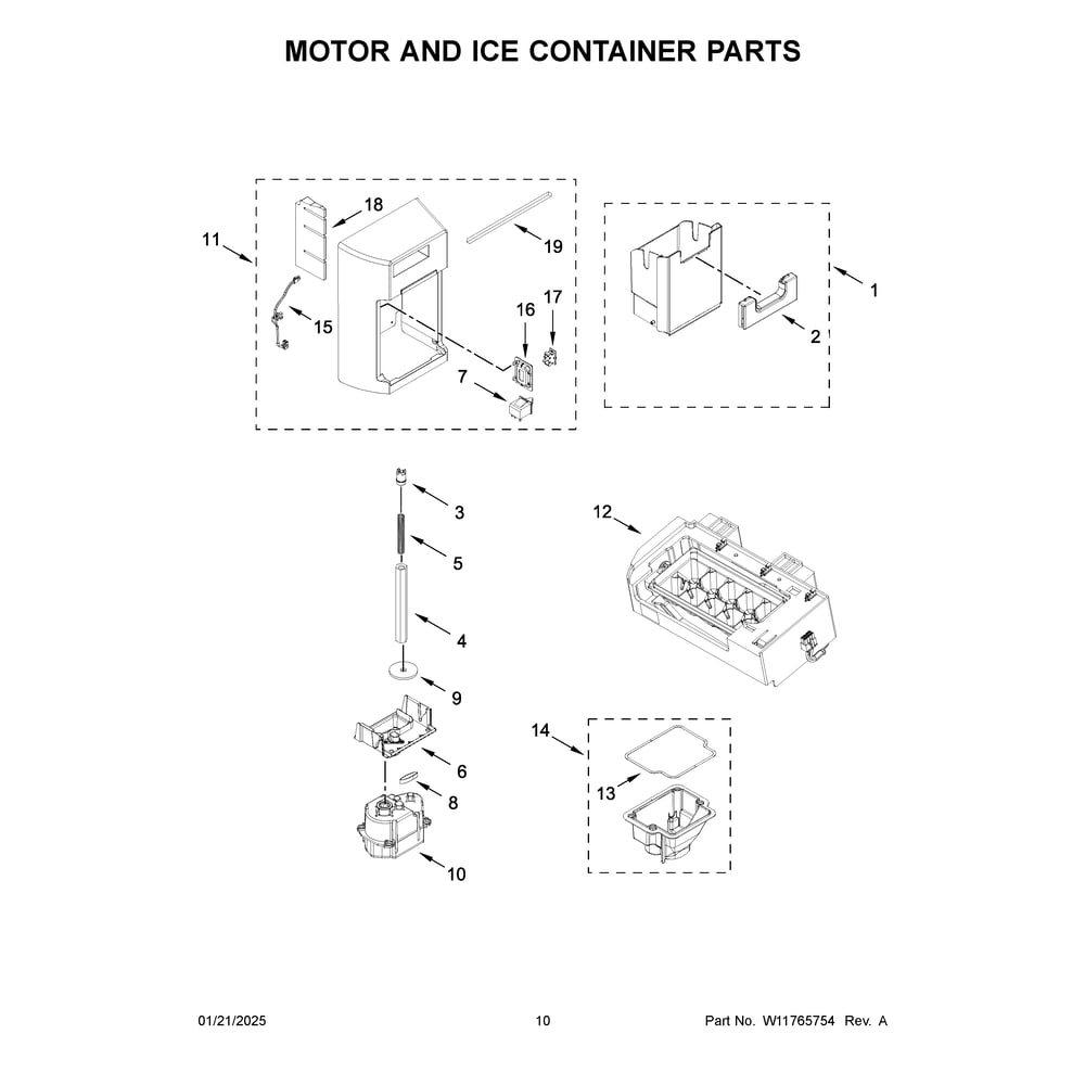 Motor And Ice Container Parts Diagram and Parts List for WRSF5836RZ00  Whirlpool Refrigerator