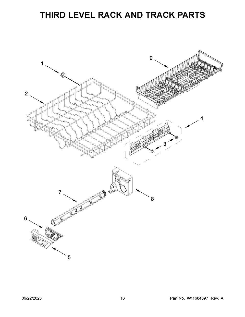 Third Level Rack And Track Parts Diagram and Parts List for WDT970SAKZ2  Whirlpool Dishwasher