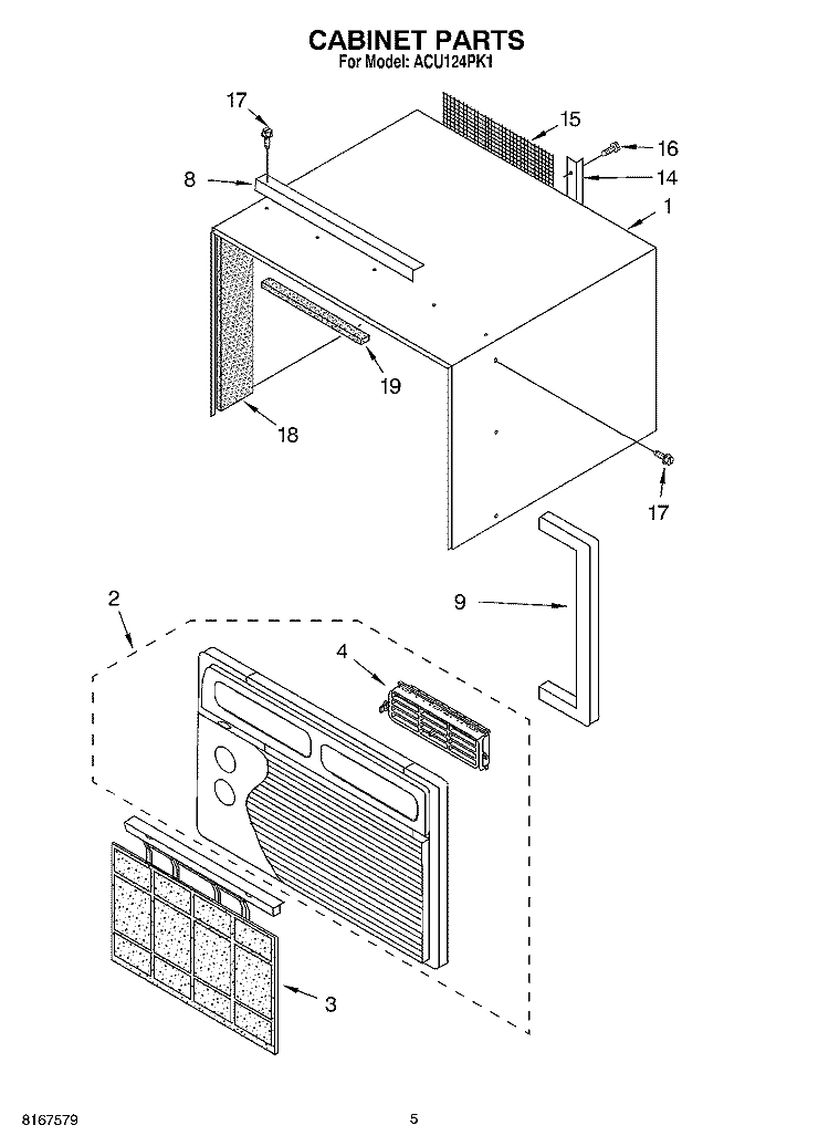 CABINET PARTS Diagram and Parts List for ACU124PK1  Whirlpool Air Conditioner