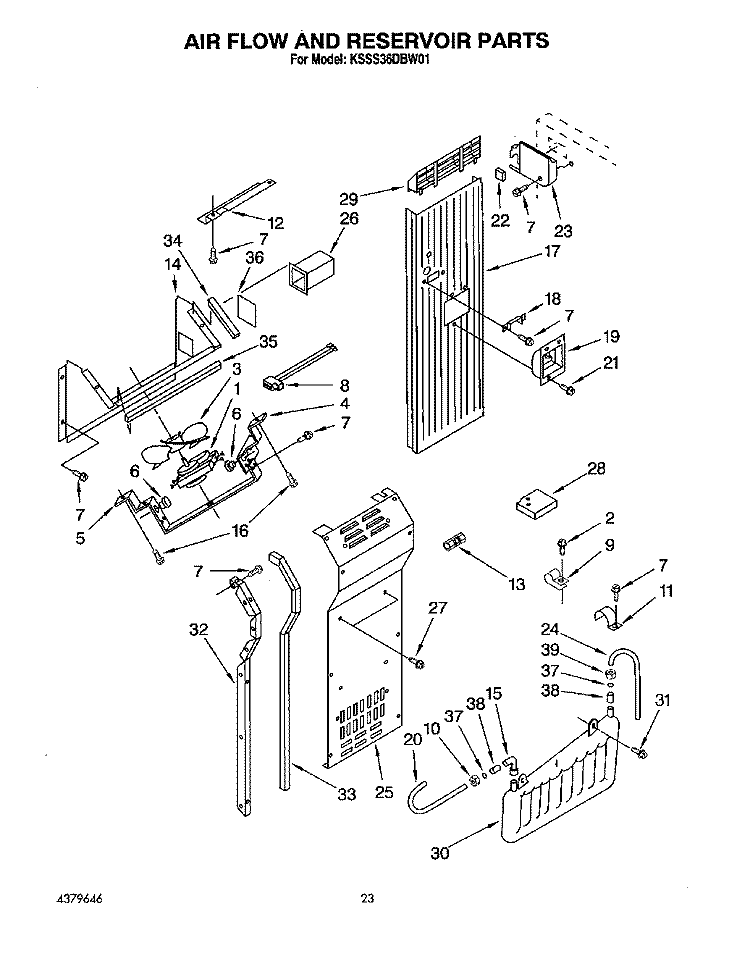 AIR FLOW AND RESERVOIR Diagram and Parts List for KSSS36DBW01  KitchenAid Refrigerator
