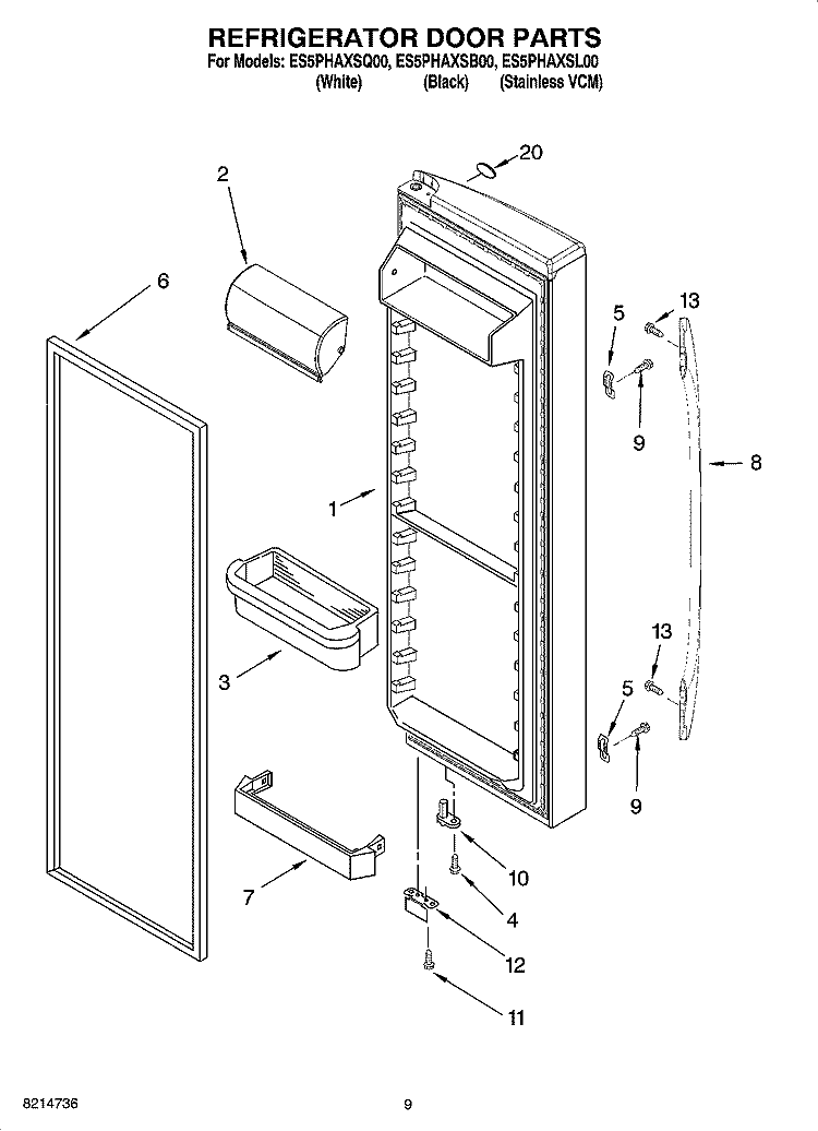 REFRIGERATOR DOOR PARTS Diagram and Parts List for ES5PHAXSB00  Whirlpool Refrigerator