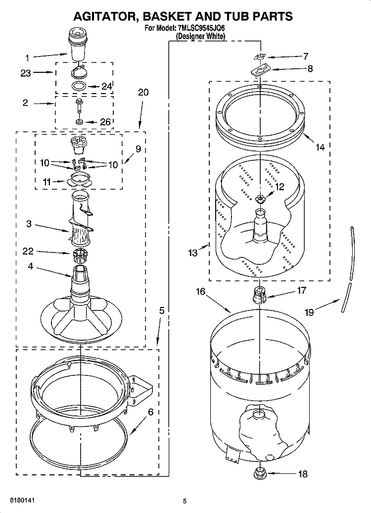 AGITATOR, BASKET AND TUB PARTS Diagram and Parts List for 7MLSC9545JQ6  Whirlpool Washer
