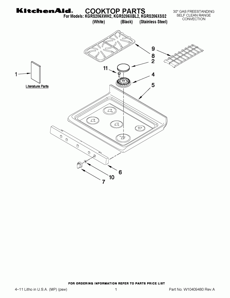 COOKTOP PARTS Diagram and Parts List for KGRS206XSS2  KitchenAid Range