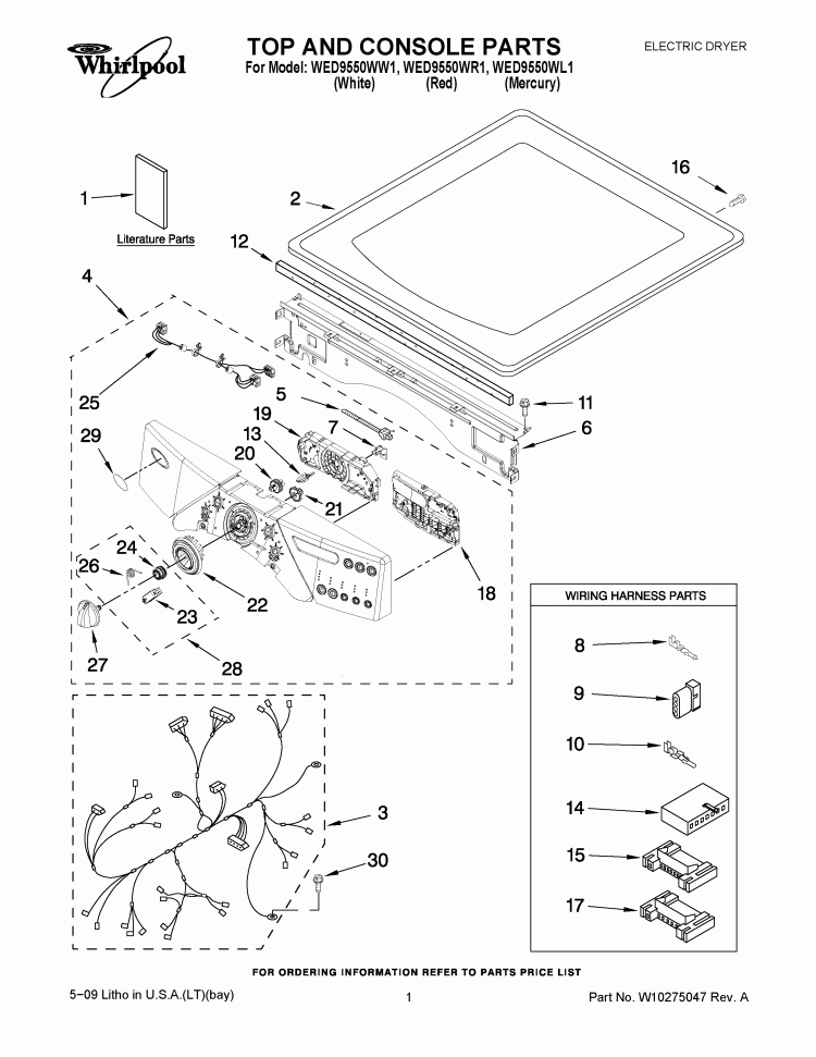 TOP AND CONSOLE PARTS Diagram and Parts List for WED9550WW1  Whirlpool Dryer