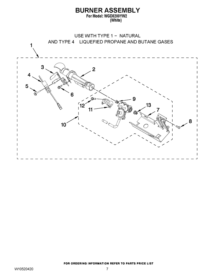 BURNER ASSEMBLY Diagram and Parts List for WGD8200YW2  Whirlpool Dryer