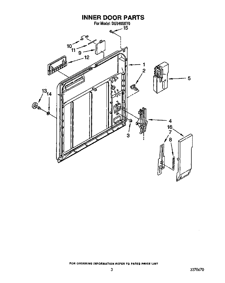 INNER DOOR Diagram and Parts List for DU9400XY0  Whirlpool Dishwasher